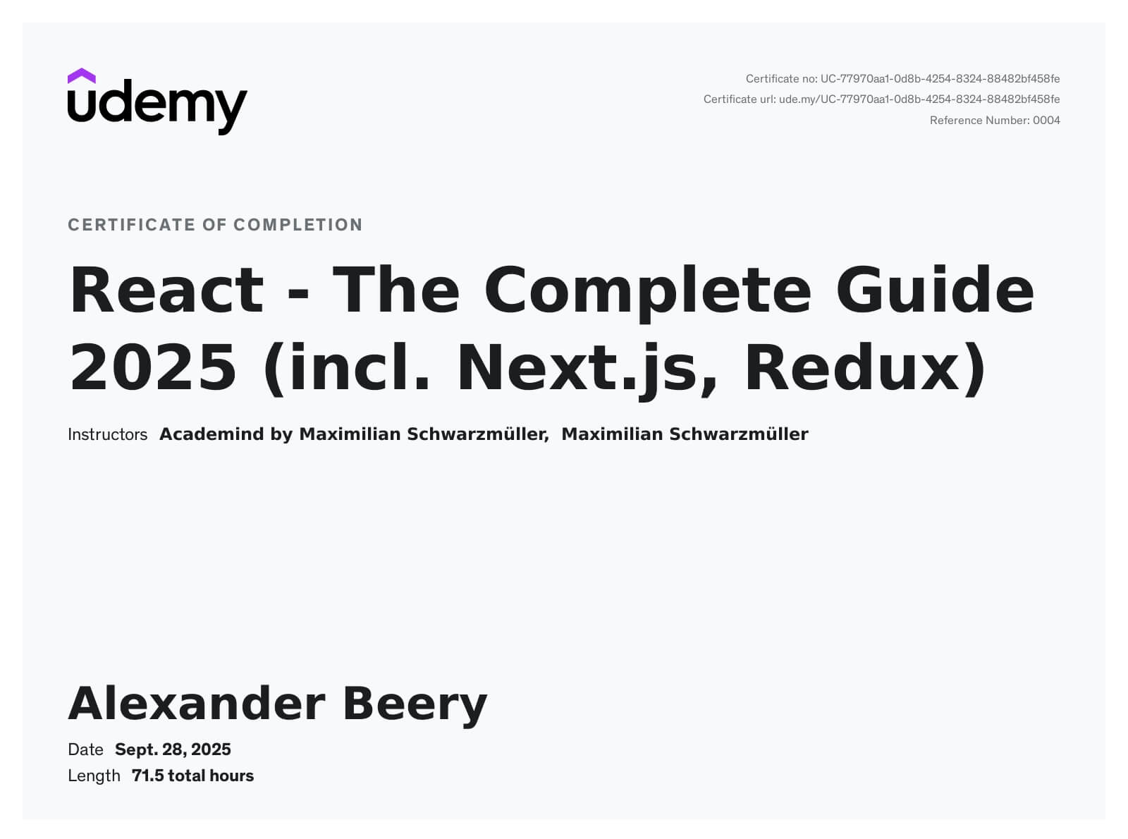 Certificato Udemy React - The Complete Guide