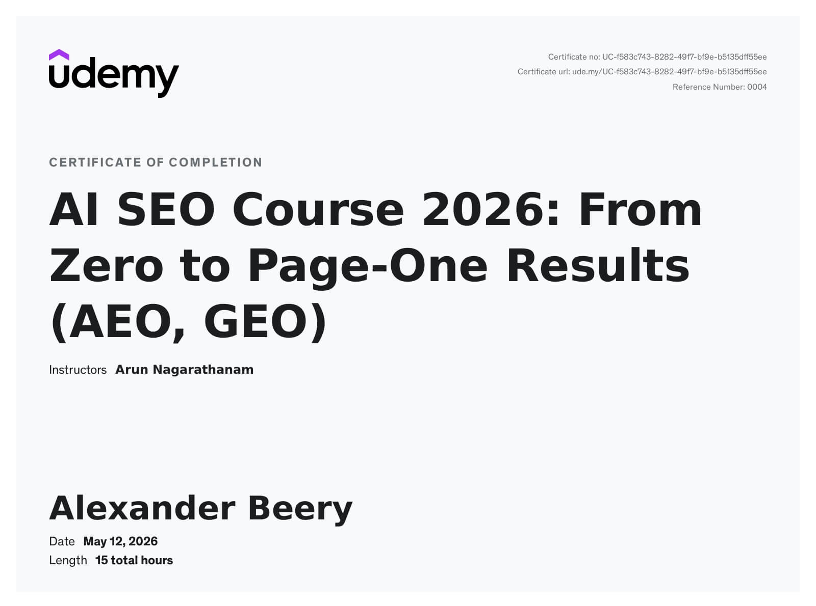 Certificato Udemy AI SEO Course